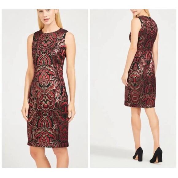J. McLaughlin Dress Sheath Sleeveless Jacquard Stretch Red Gold Holiday 10 - Picture 2 of 5